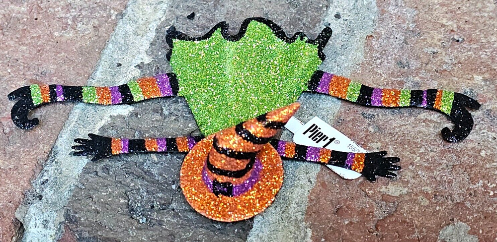 Pier 1 Glitter Metal Halloween Witch Splat Ornament 6" Very Rare New (No Broom)